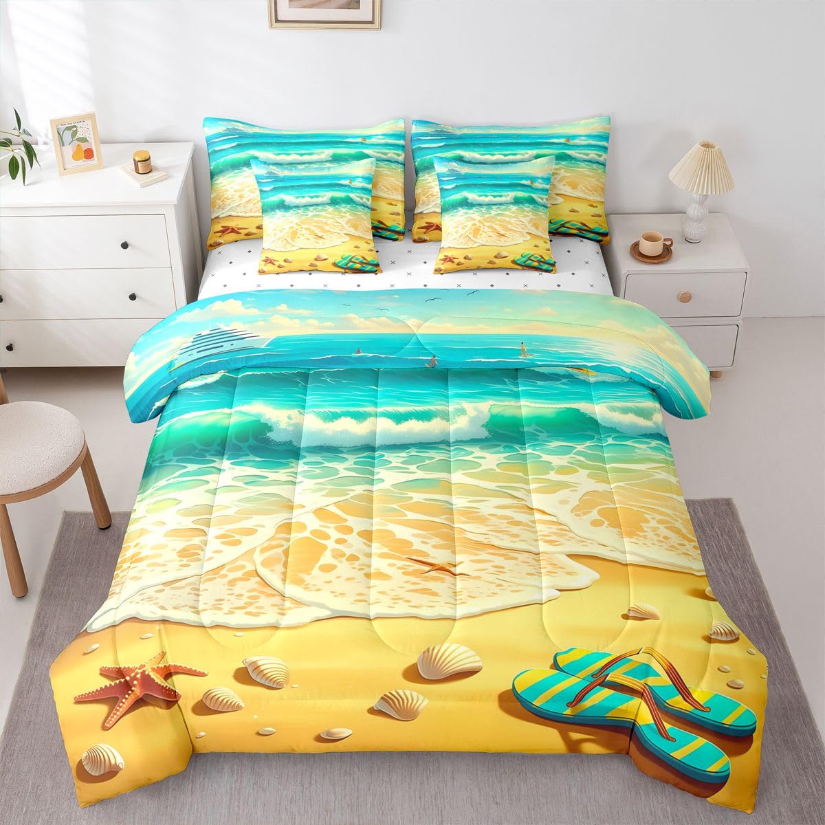 Erosebridal Tropical Beach Queen Bedding Set Cute Coastal Starfish Seashell Comforter Set Kids Adults Nautical Ocean Wave 7-Piece Bed in a Bag Turquoise Yellow Summer Vacation Art Quilt Sets