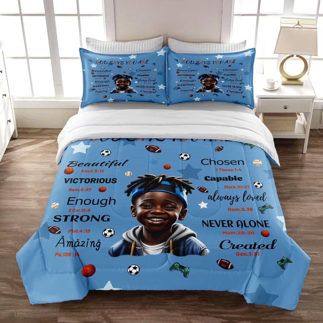 GRAT TIOC Black Comforter Set for Kids Teens Twin, Cute African American Boy Bedding, Afro Melanin God Says I Am Christian Bedroom Set 3 Pcs With 2 Pillowcases