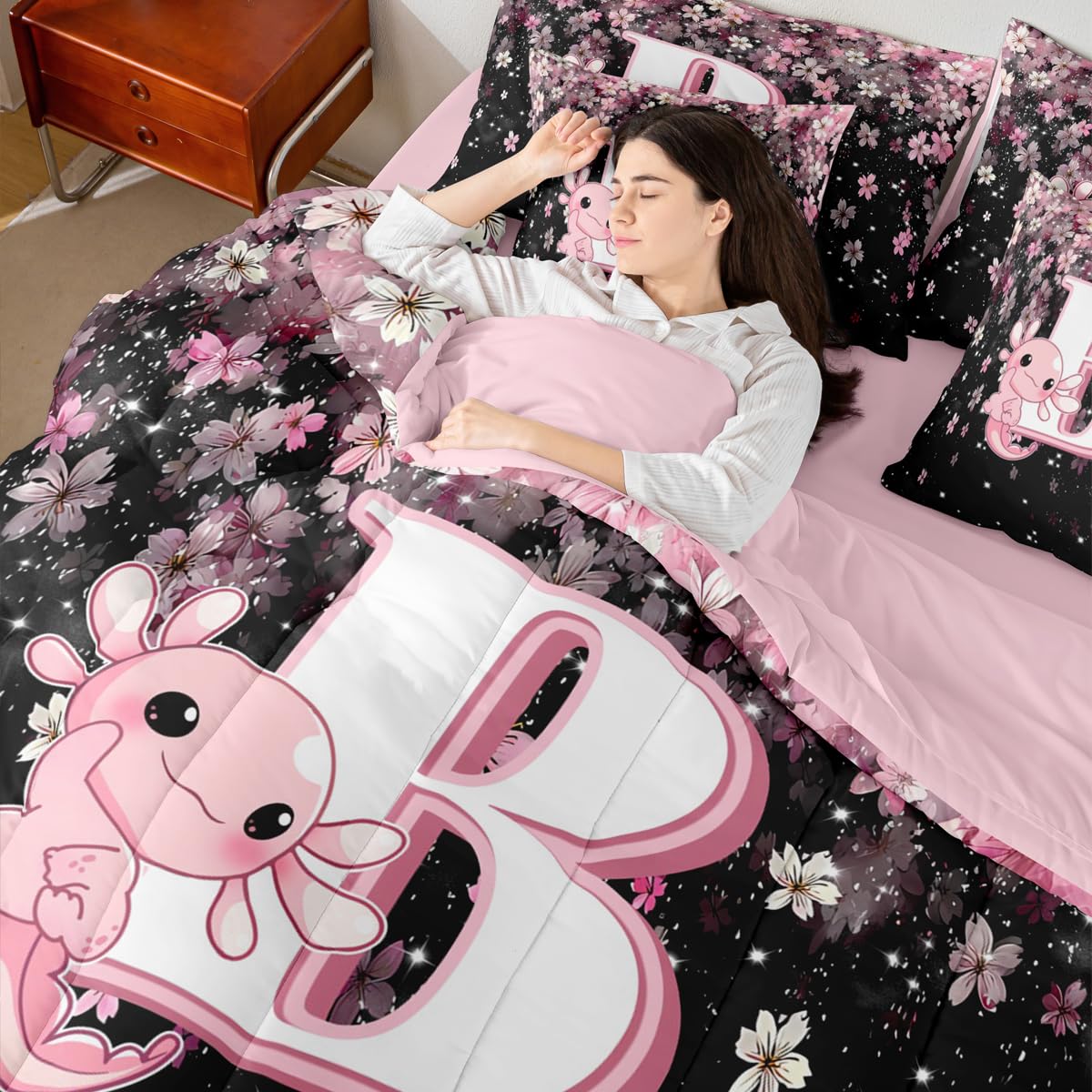 Erosebridal 7 Pieces Cute Letter Initial B Bedding Set Twin Size | Cute Axolotl Comforter Set with Sheets for Kids Girls Teens Pink and White Cherry Blossom Quilt Sets Kawaii Axolotl Bed in A Bag