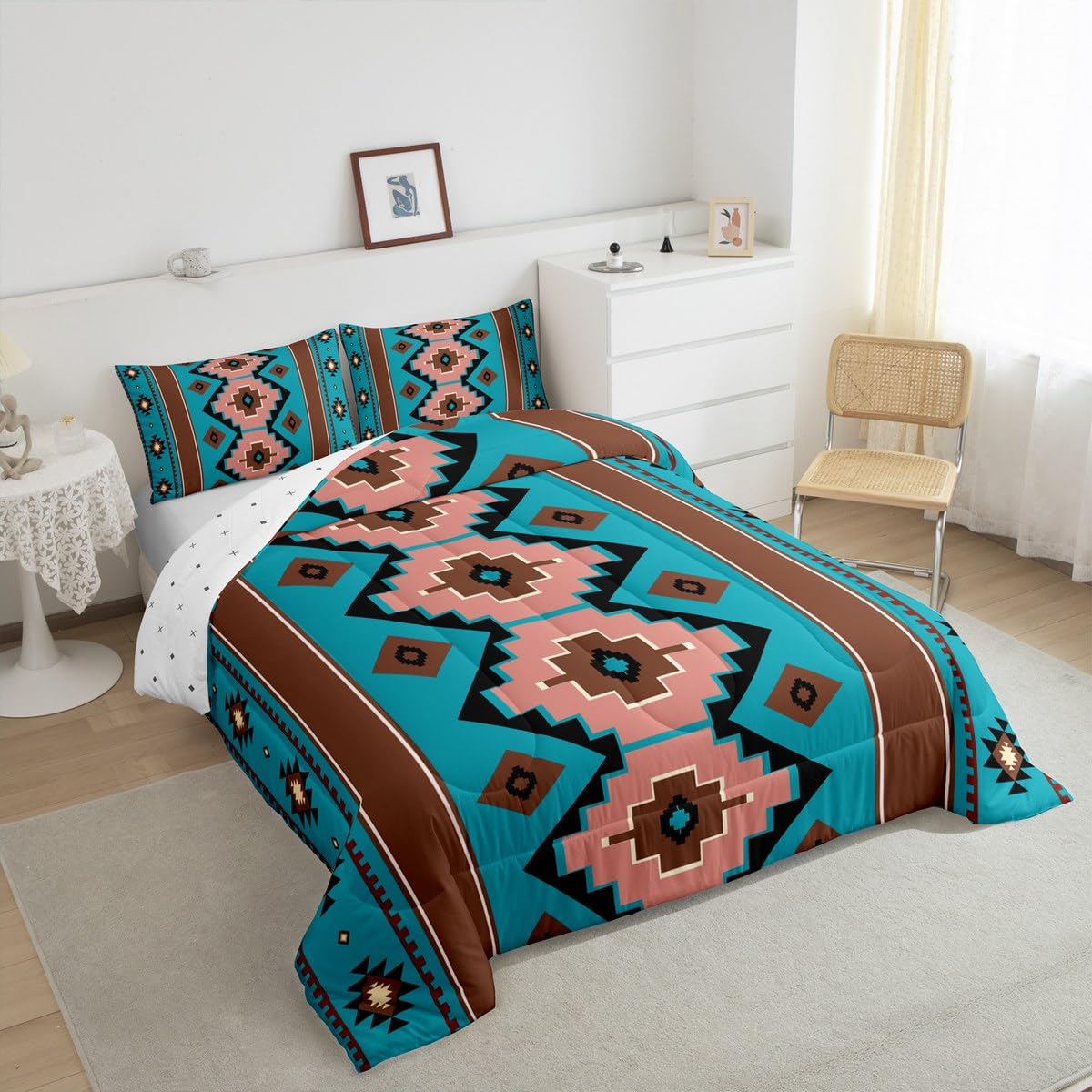 Feelyou Boho Aztec Kids Comforter Set Twin Size West Bedding Set Teel Brown Duvet Quilt for Kids Boys Girls Bedroom Western Decor Microfiber Ultra Soft Breathable