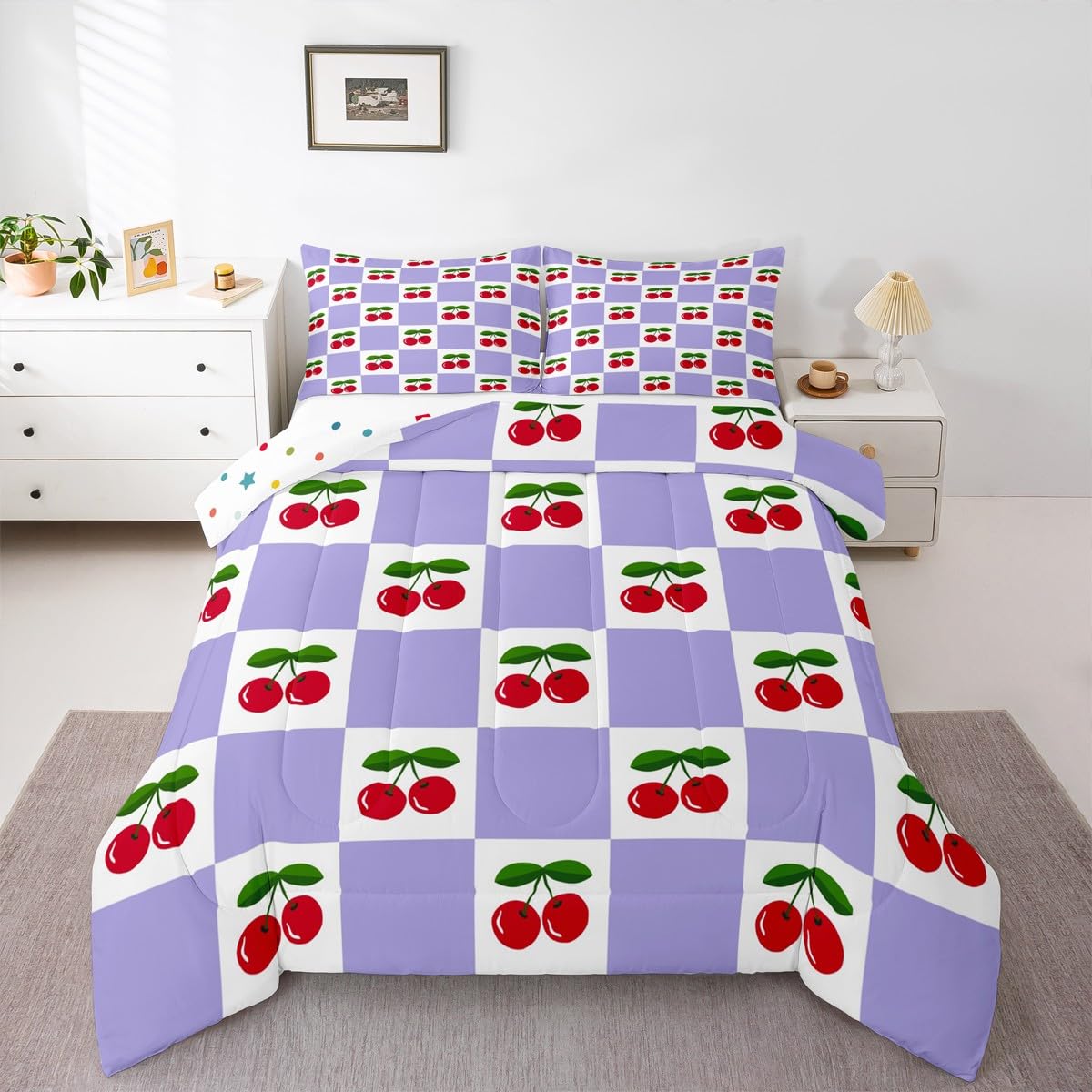 Manfei Cartoon Cherry Kids Comforter Set Twin Size,Geometric Plaid Checkerboard Patchwork Bedding Set,Girls Princess Room Decor,Tropical Fruit Fashion Down Comforter,Purple Duvet Insert,1 Pillowcase