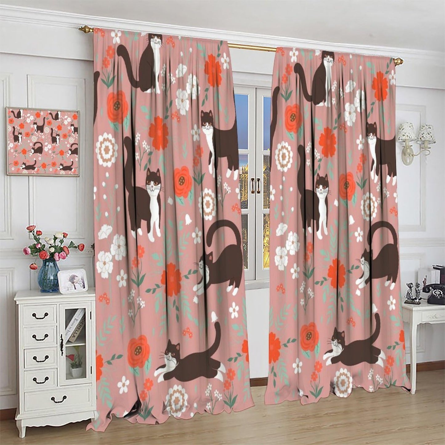 JADERYS Cat Blackout Curtains Cartoon Cute Pet Animal Red White Flowers Kids Girls Women Bedroom Living Room Bathroom Blackout Rod Pocket Decoration Window Drapes 2 Panels W21xL45in