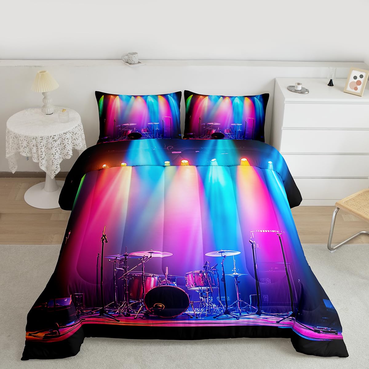 Erosebridal 3D Drum Kit Bedding Set Queen Drum Kit Instrument Comforter Set for Kids Boys Girls Rock Music Theme Down Comforter,Music Lovers Quilt Duvet