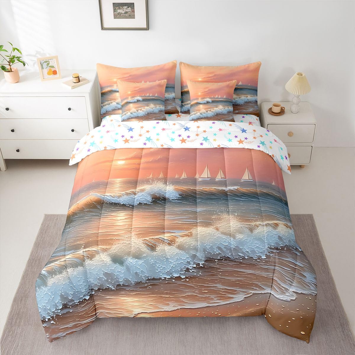 Erosebridal Ocean Sunset Sailboat Queen Bedding Set Pastel Coastal Comforter Set Kids Adults Wave Sand Tropical Summer 7-Piece Bed in a Bag Soft Watercolor Beach Nautical Quilt Sets