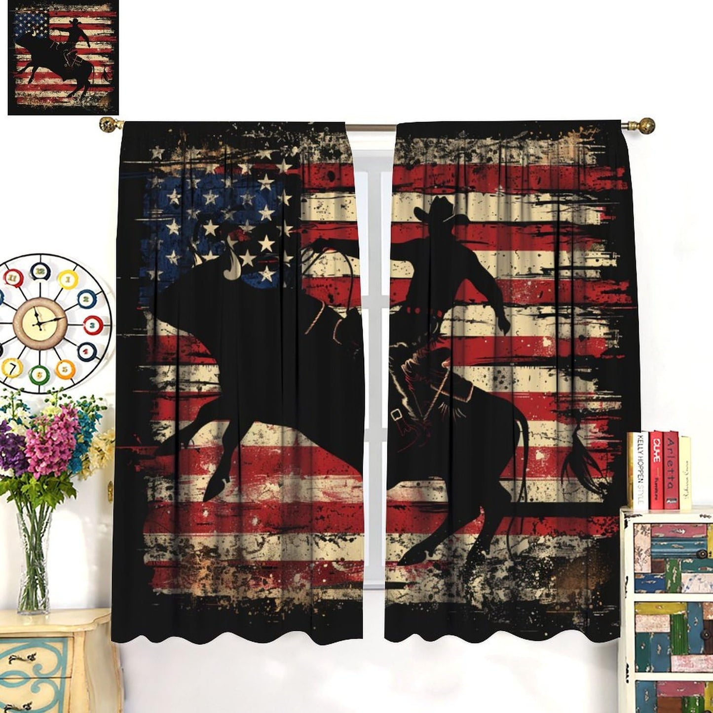 TOWINSFB Retro American Flag Blackout Curtains for Living Room Bedroom, Traditional USA Patriotic Western Cowboy Window Curtains Rod Pocket Thermal Insulated Window Drapes, 2 Panels, Each 21W x 45L