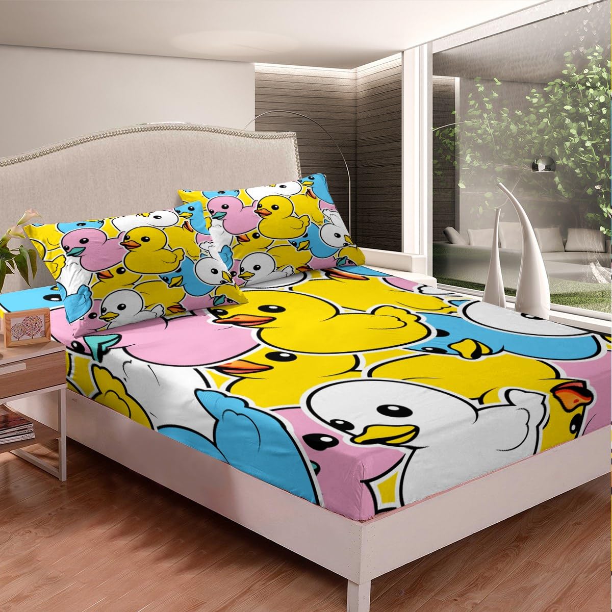 Erosebridal Colorful Duck Bed Sheets for Kids Boys Girls Toddler,Cartoon Duck Sheet Set Full,Graffiti Rustic Animal Bedding Set,Cute Farmhouse Animal Fitted Sheet + Top Sheet + 2 Pillowcases