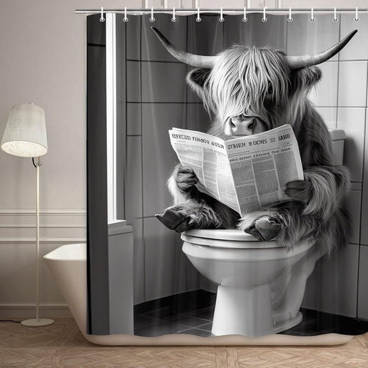 JAWO Funny Shower Curtain Farmhouse Highland Cow Country Shower Curtain Funny Shower Curtains for Bathroom Grey White Cow Sitting on The Toilet Reading a Newspaper Bathroom Decor Western Cattle 72X72