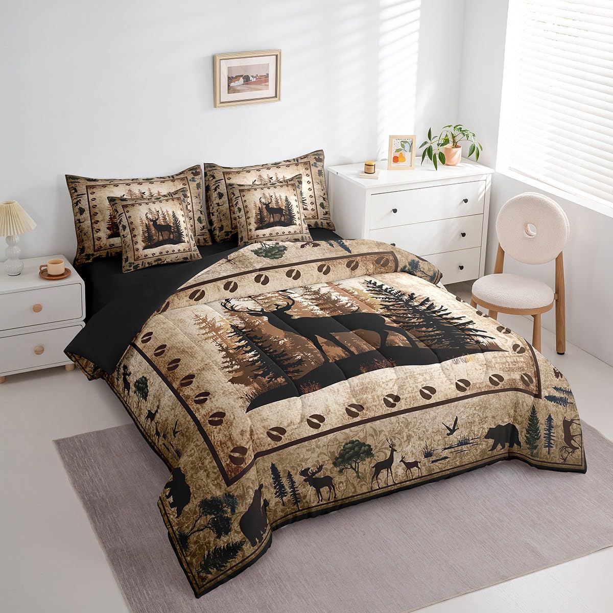 Feelyou Farmhouse Kids Boys Bedding Set, 7 Pieces - Deer Hunting Theme, Queen Size Comforter, Sheet Set, Pillowcases, Western Wild Decor