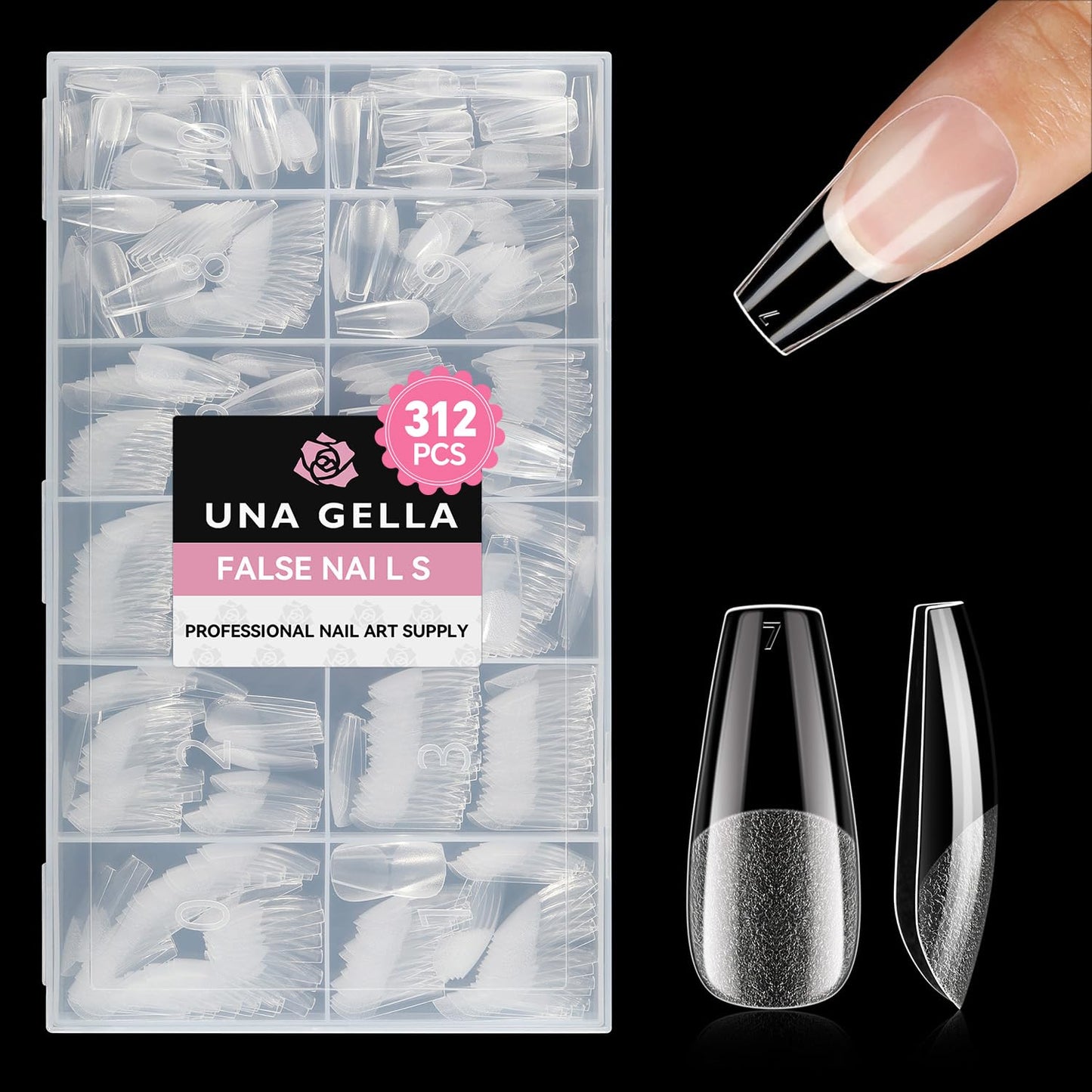 UNA GELLA Medium Coffin Nails Tips 312Pcs Pre-Etched Gel Nail Tips Coffin Press On Nails Clear Full Cover for Nail Extensions & DIY Art Salon at Home, Long Lasting 12 Sizes