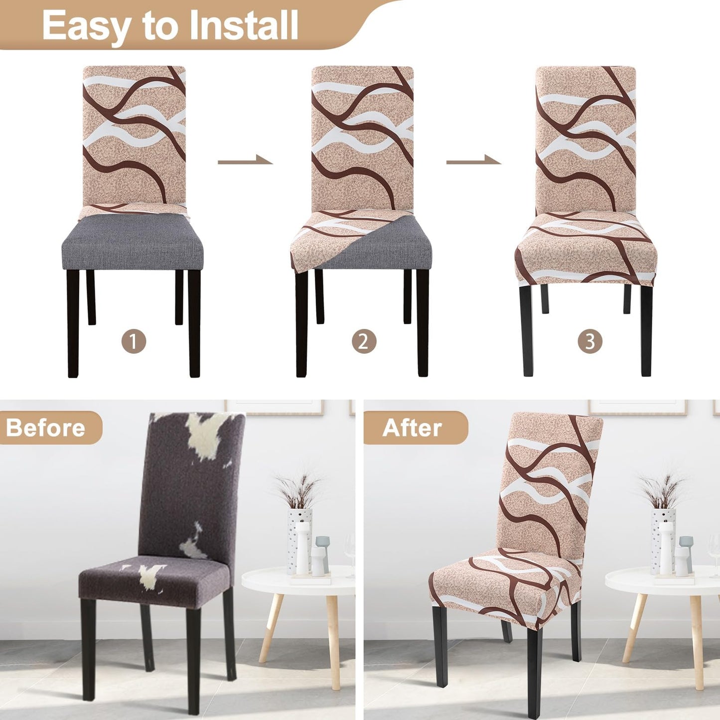 SearchI Dining Room Chair Covers Set of 4, Stretch Printed Parsons Chair Slipcovers Super Fit Spandex Removable Washable Kitchen Chair Protector Cover for Dining Room, Hotel, Ceremony (Khaki)