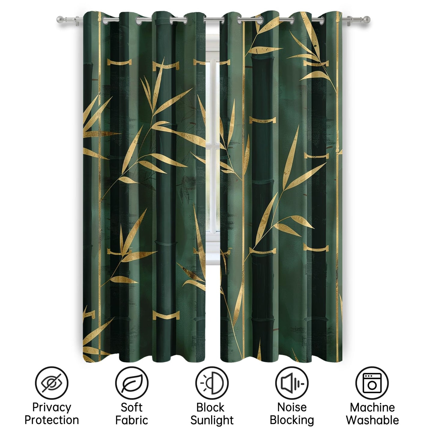 Mistwalk Gold and Green Bamboo Blackout Curtains for Bedroom & Living Room, 45 Inch Curtains 2 Panel Set, Room Darkening Thermal Insulated Grommet Drapes, Modern Art Zen Patterned Window Treatments