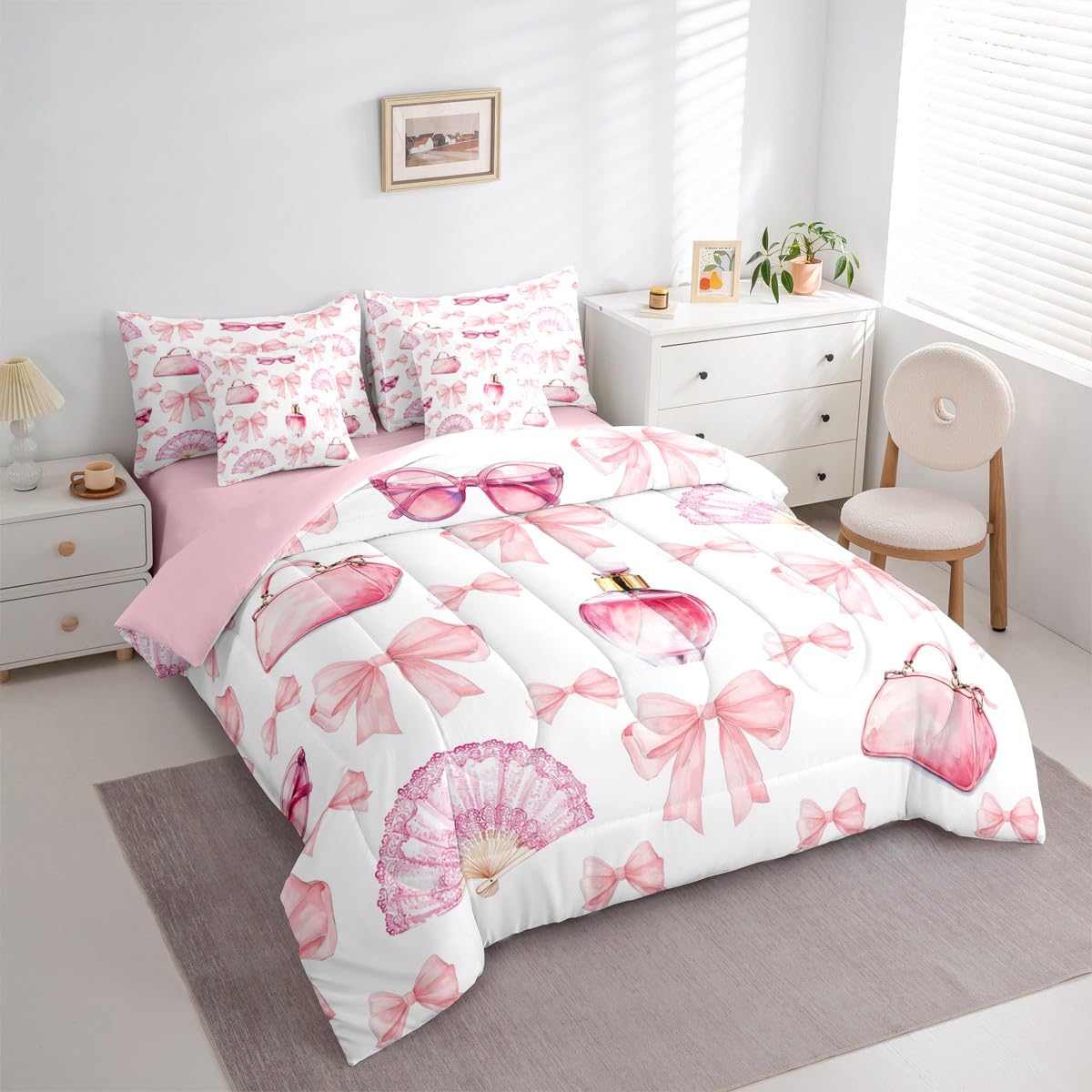 Erosebridal 7 Pcs Bowknot Girls Kids Comforter Set King Bed in a Bag,Girly Makeup Theme Bedding Set,Dreamy Princess Style Sheet Set,Perfume Beauty Duvet Insert,Valentine Bow Quilt for Girlfriend