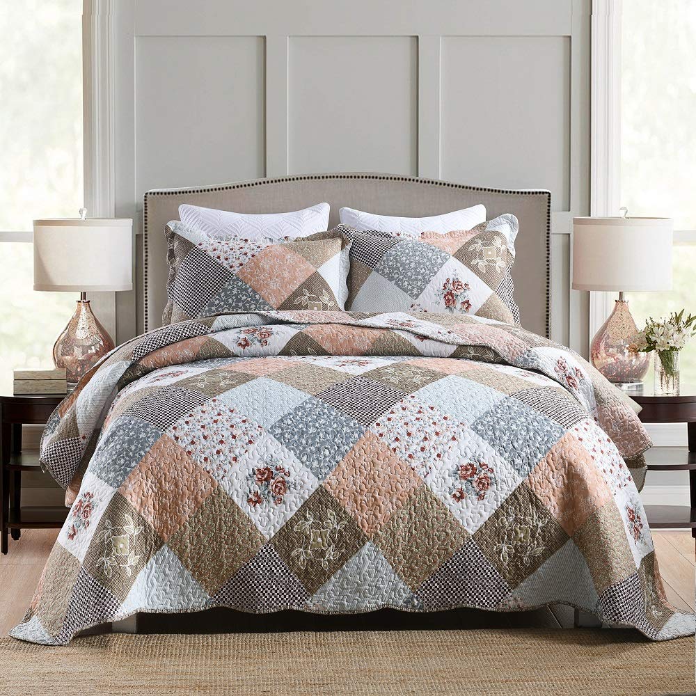 Travan 3-Piece King Quilt Set Quilted Bedspread Lightweight Reversible Coverlet Set Floral Printed Quilted Bedding Set with Shams for All Season, Brown Floral, King Size