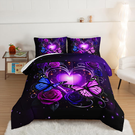UEVBF Butterfly Comforter Set Queen Size,Love Flowers Bedding Set Chic Botanical Floral Comforter Sets for Girls Women Room Decor,Boho Bedding with 2 Pillowcases.