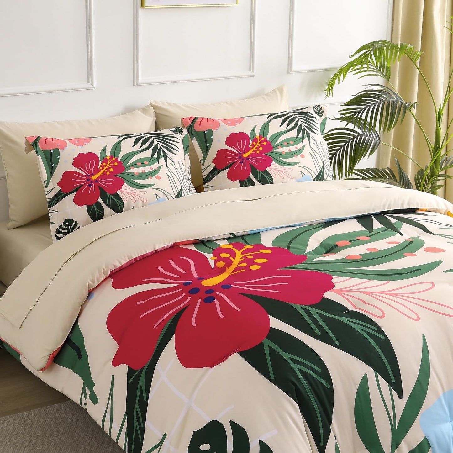 Yogeneg 7 Piece Bed in a Bag Queen Size Comforter Set Beige Bedding Set,Pink Floral Green Leaves Pattern Reversible Design,Soft Microfiber Comforter with Sheet Set,All Season(Beige,Queen)