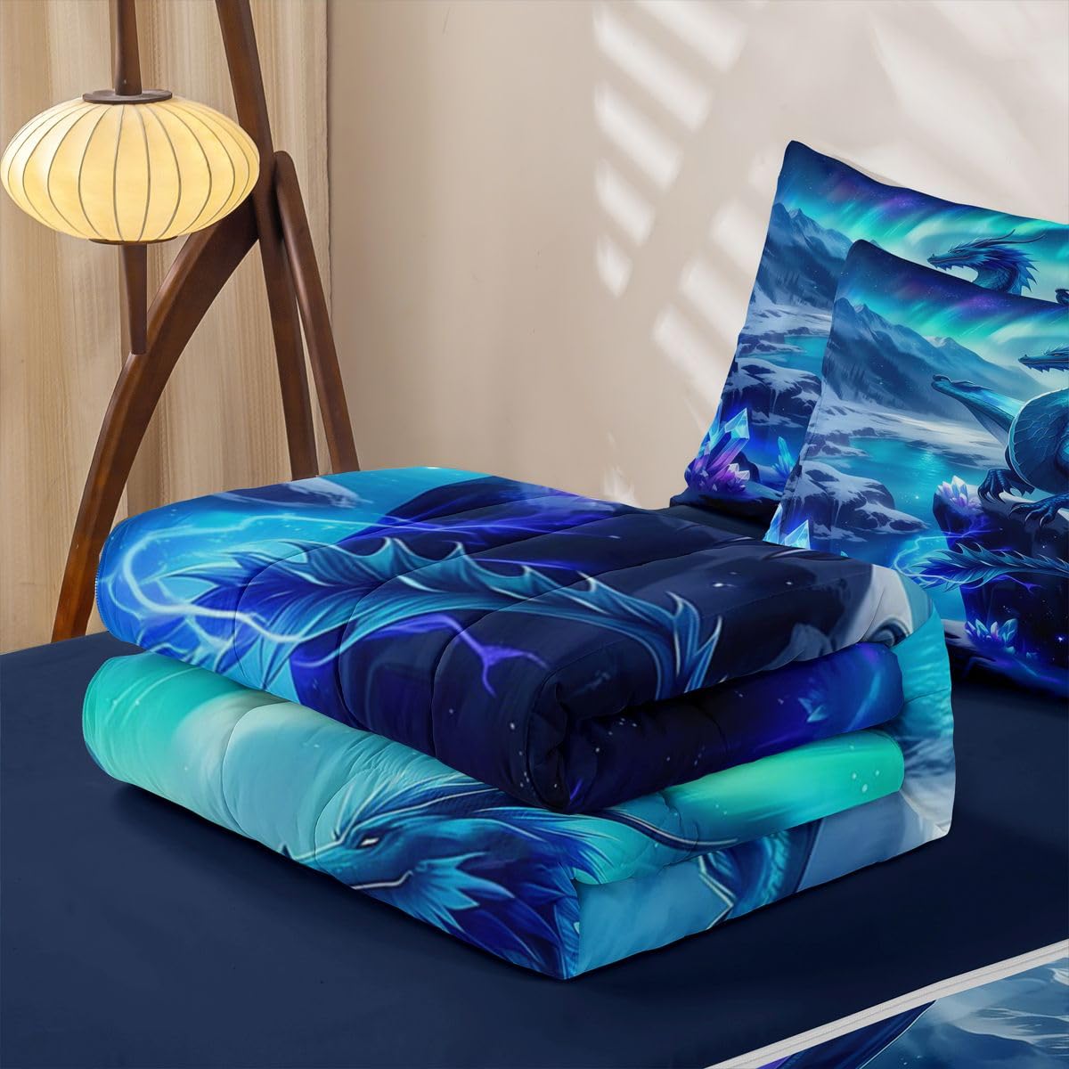 jejeloiu Flying Dragon Comforter Set Twin Fantasy Animal Zipper Bedding Set for Kids Boys Girls Outer Space Galaxy Bed in a Bag Aesthetic Aurora Microfiber with 2 Pillow Cases