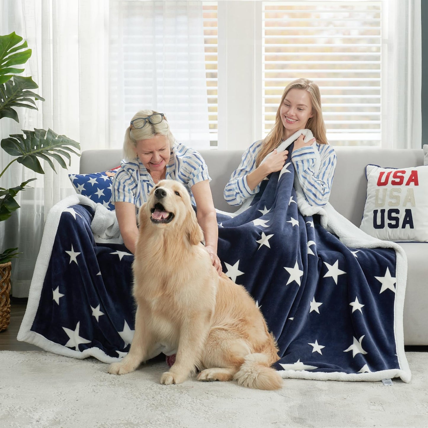 Cozy Bliss Patriotic Throw Blanket for Couch, Luxury Reversible Sherpa Throw with Star Design, Thick Warm Cozy Soft Blanket for Sofa, Bed, Home Decor and Gifts, Navy Blue, 60" x 80"