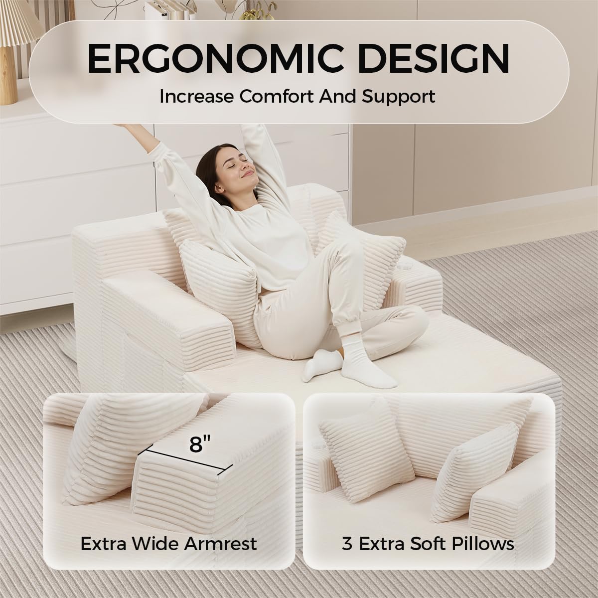 65" Chaise Lounge Chair Indoor, Oversized Corduroy Sofa Bed with 3 Pillows, Boneless Sleeper Couch Chairs, Cloud Sleeper Sofa for Bedroom Living Room with Storage Pocket & Cup Holder, White