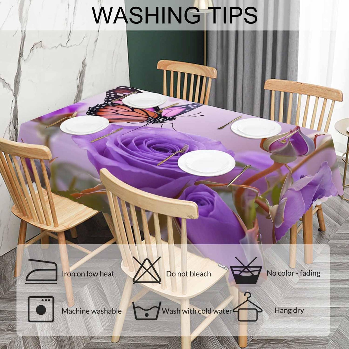 Beabes Tablecloth Butterfly 52 X 70 Inch, Roses Butterfly Purple Oblong Table Cloths Anti-Shrink Decorative Table Cover for Kitchen Dinning Tabletop Outdoor Picnic BBQ