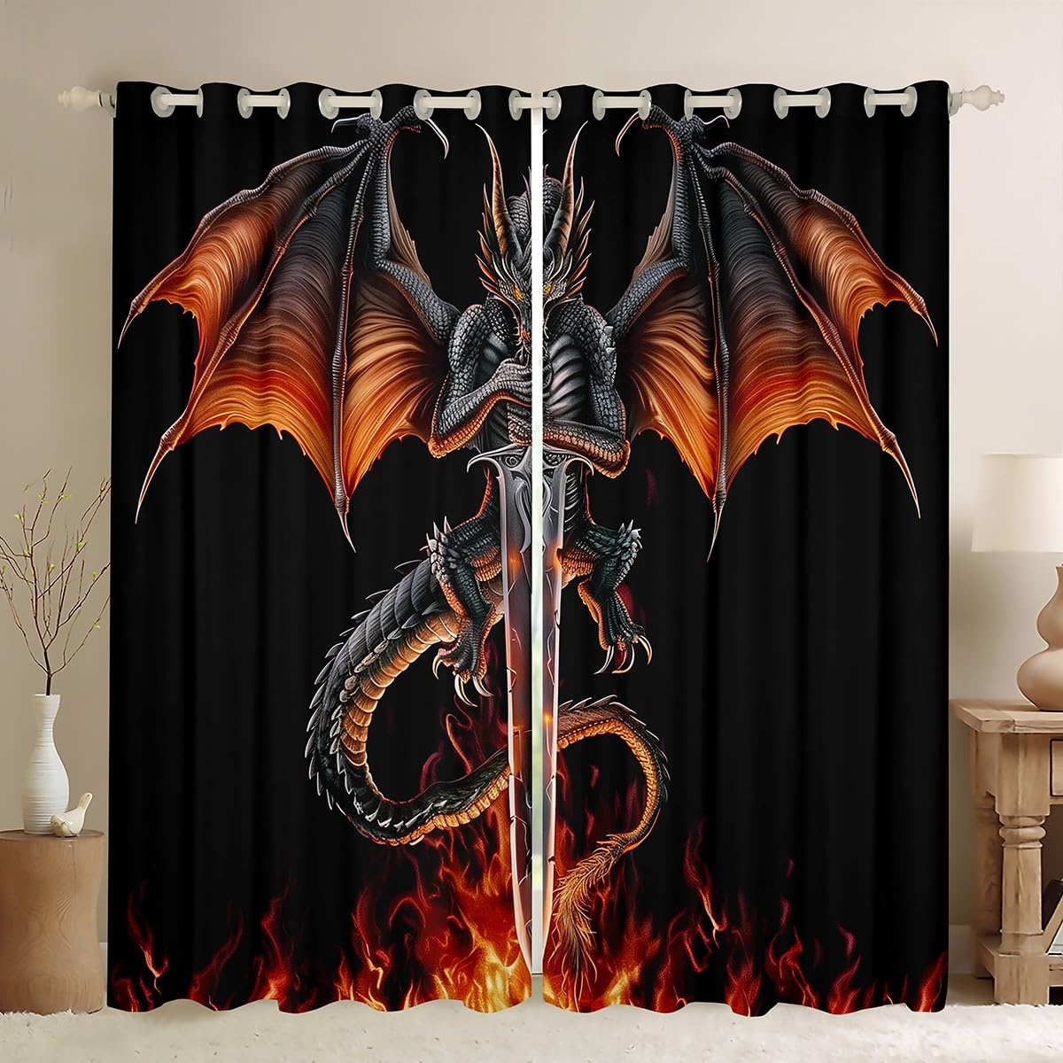 Feelyou Medieval Dragon Blackout Curtains (2 Panels, 42 x 63 Inch) Sword Fire Pattern Darkening Drapes Ancient Wildlife Curtains for Bedroom Living Room
