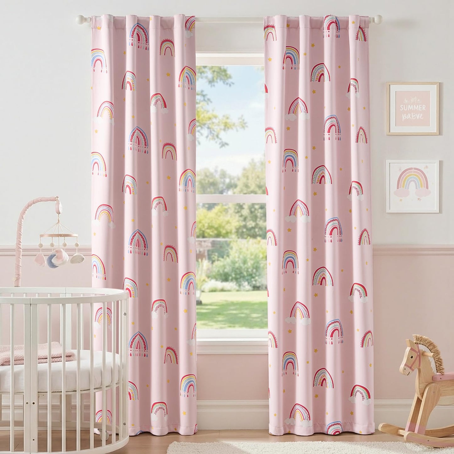 Vangao Blackout Curtains for Kids Bedroom Rainbow Pink Nursery Curtains 84 Inch Length Drapes for Teen Girls Thermal Insulated Room Darkening Boho Light Blocking for Living Room Set of 2