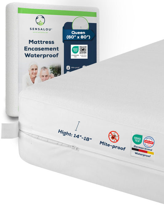 Sensalou Mattress Encasement Waterproof Queen – 5-Sided Terry Cover for Families & Couples - Zipper Closure - Noiseless - Oeko-Tex & Dermatest Certified, Fits 18" Deep, White