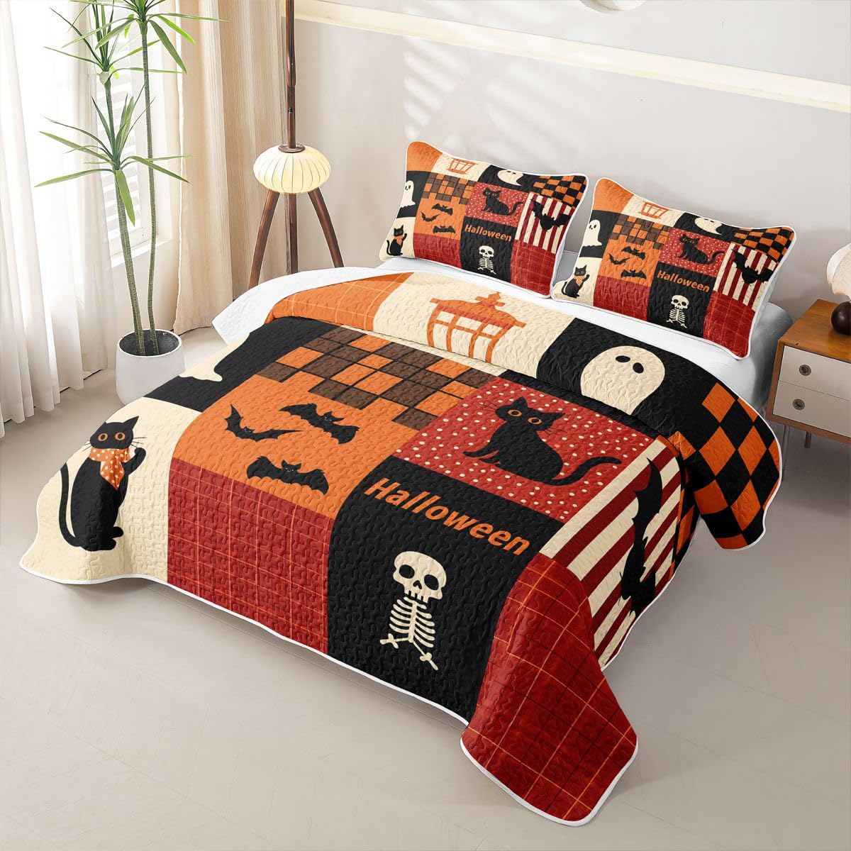 Feelyou Halloween Quilt Set Ghost Bat Cat Quilted Bedspread Lightweight Coverlet Set Queen Brown Grid Patchwork Bedding Set with Pillowcases for All Season Microfiber Bed Decor