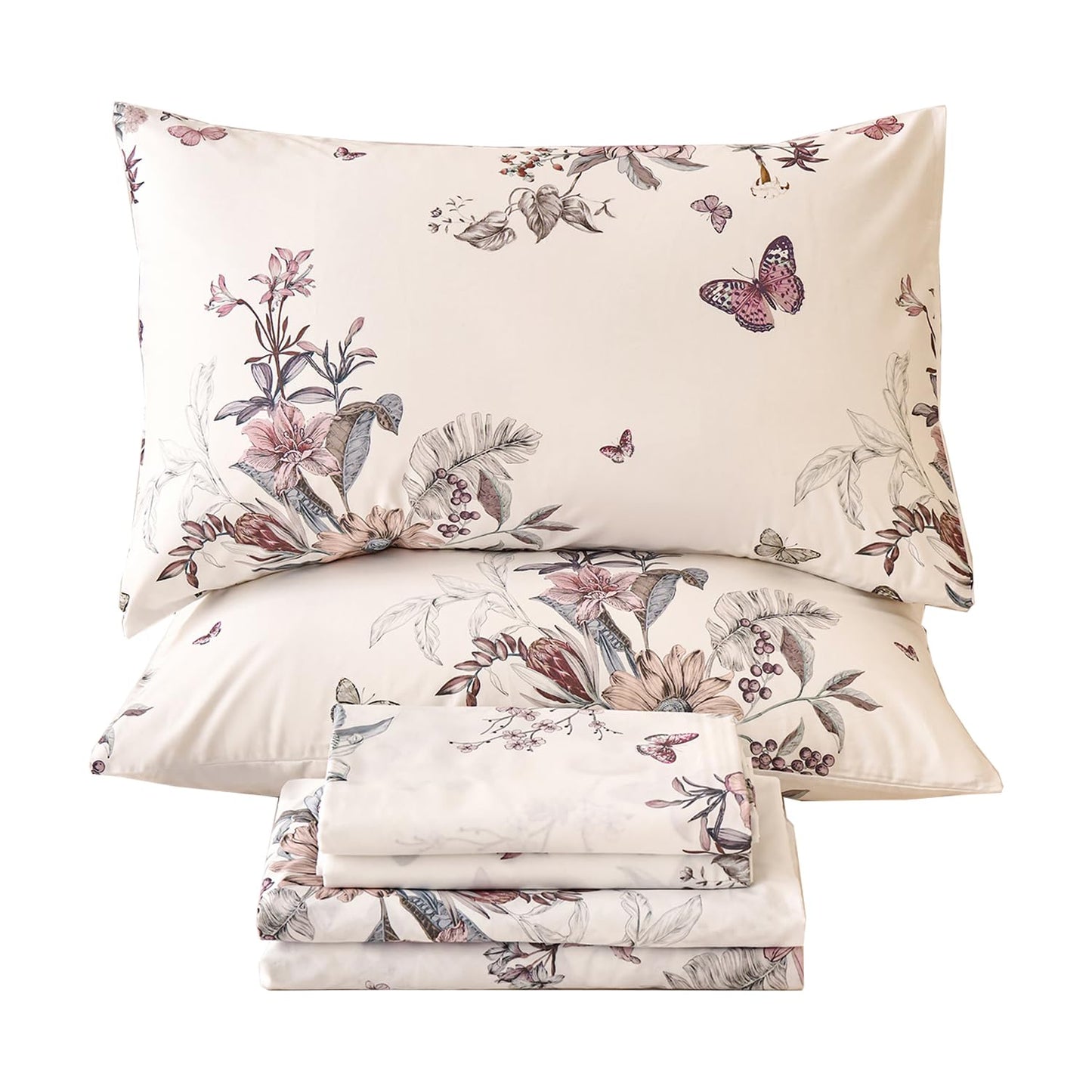 Huborise Queen Size Sheet Set Dusty Rose Floral Bed Sheets 100% Cotton 4Pcs, Light Pink Flower & Butterfly Printed Bed Set with Deep Pocket 17.5", Soft Breathable & Crisp, Luxury French Country Style