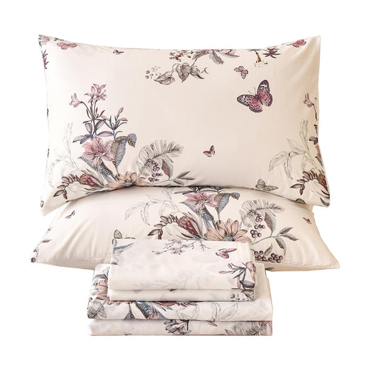 Huborise Queen Size Sheet Set Dusty Rose Floral Bed Sheets 100% Cotton 4Pcs, Light Pink Flower & Butterfly Printed Bed Set with Deep Pocket 17.5", Soft Breathable & Crisp, Luxury French Country Style