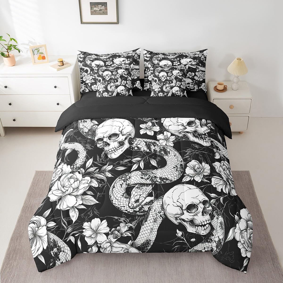 jejeloiu Kids Sugar Skull Comforter Set 7 Pieces Full Size Snake Boho Rose Bedding Set for Boys Girls Goth Art Bed Set Bed in a Bag with Comforter, Sheets, Pillowcases & Cushion Covers