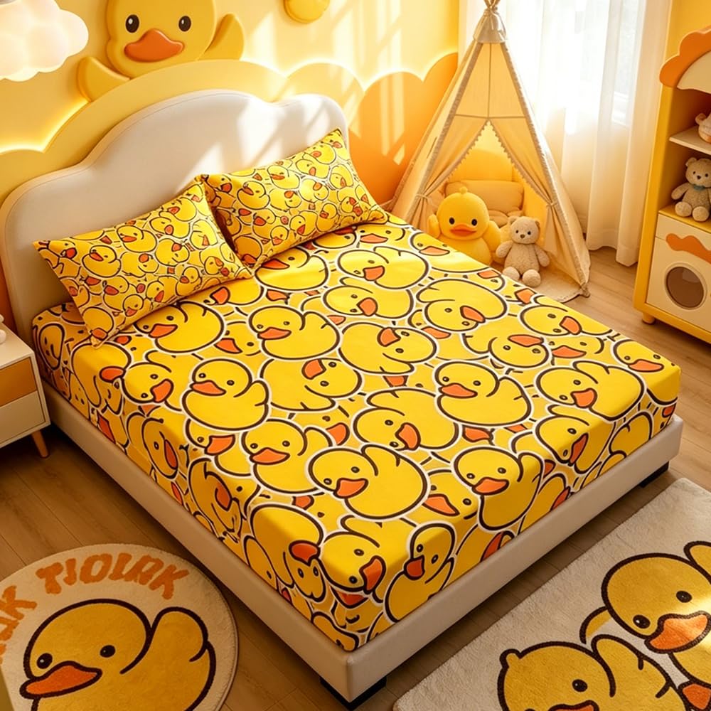 ARIGHTEX Twin Fitted Sheet for Kids Soft Yellow Rubber Duck Bed Sheet with 2 Pillowcases All-Round Deep Pocket 3 Pieces Microfiber Breathable Twin Duck Sheet Set for Boys Girls (Without Flat Sheet)
