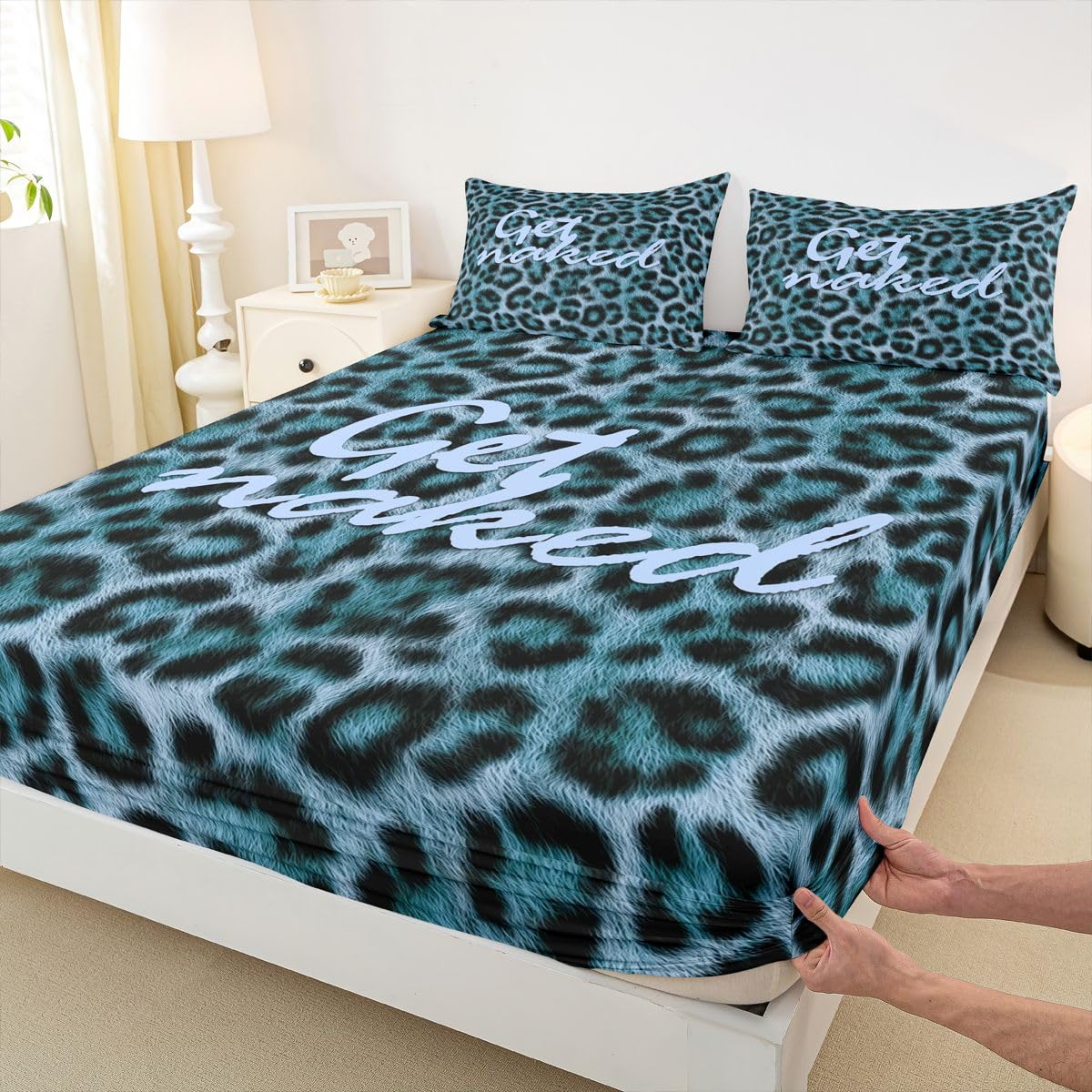 Feelyou Leopard Print Get Naked Fitted Sheet with 2 Pillowcases Full Size Funny Quotes Bed Sheets Set 16" Deep Pocket Boys Girls Blue Bedding Cheetah Teens Bedroom Decor Soft Lightweight Microfiber