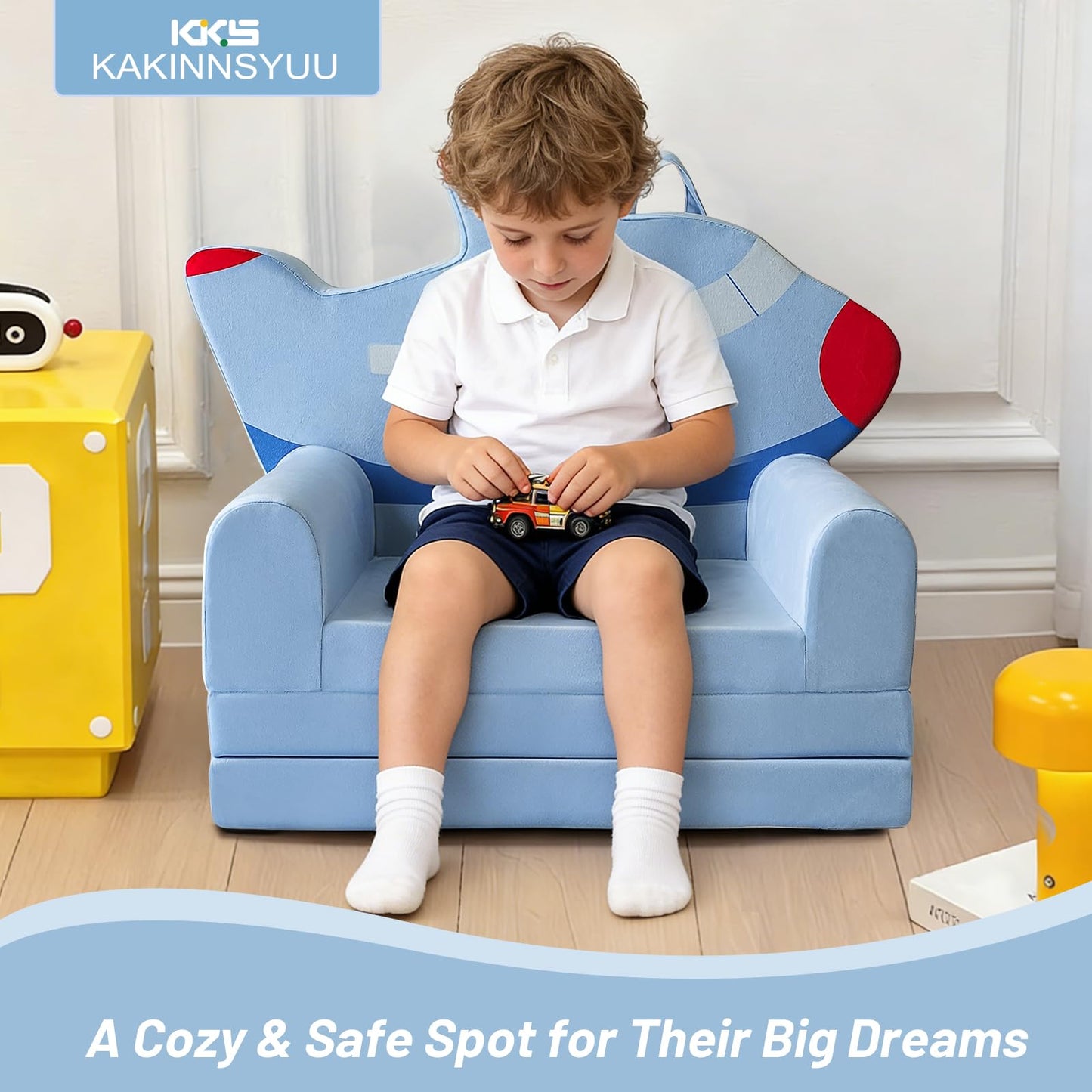 KKS KAKINNSYUU Toddler Couch 2 in 1 Flip-Out Kids Couch, Fold Out Foam Kids Sofa with Soft Washable Cover, Airplane Design for Playroom