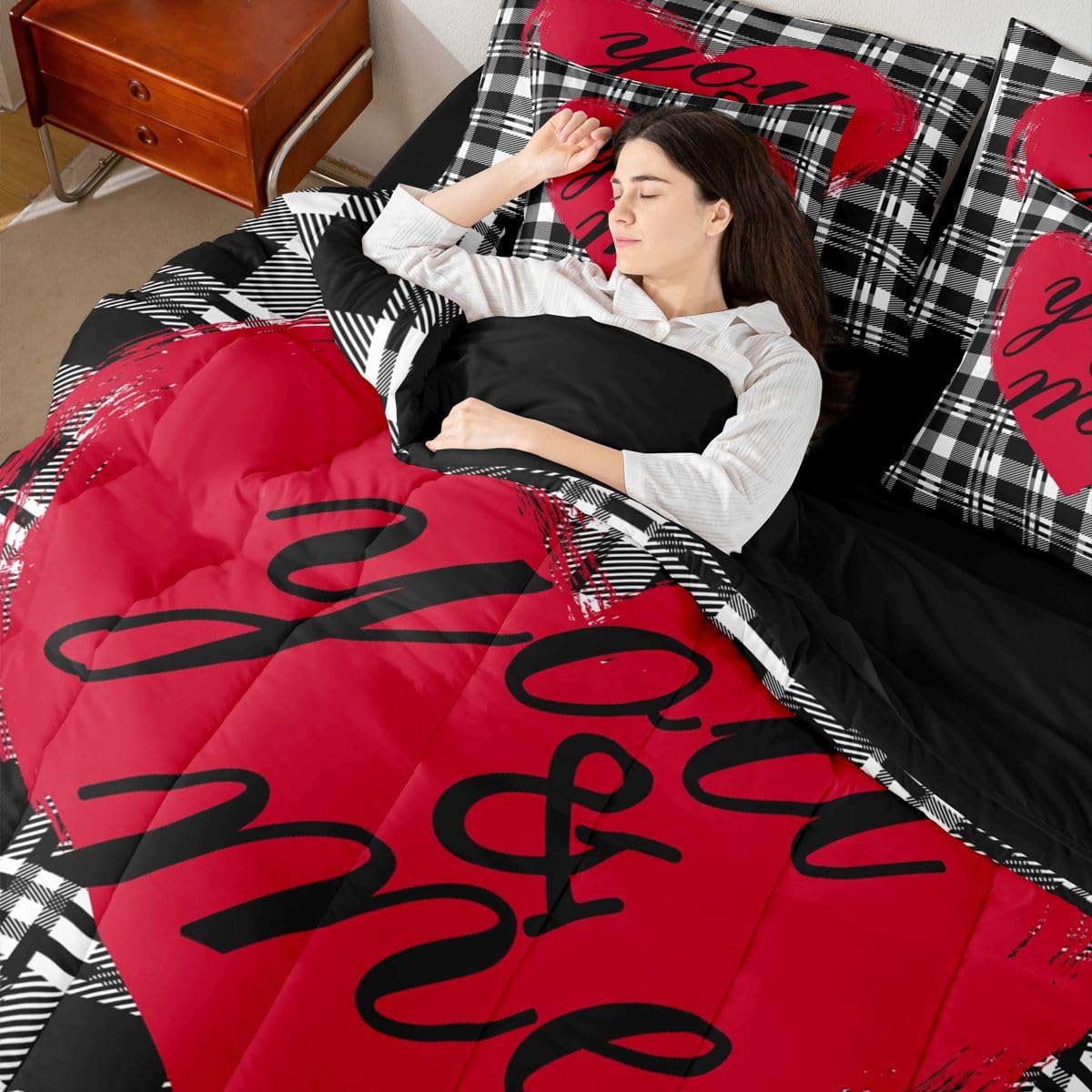 You and Me Bed in a Bag Queen Comforter Set 7-Piece | Valentines Day Decorations Bedding Sets Black and White Grid Comforter and Sheet Set, Geometric Checkerboard Lattice Buffalo Plaid Room Decor