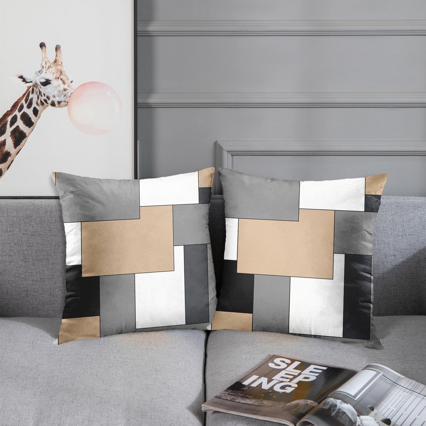 Emvency Set of 2 Brown Geometric Throw Pillow Cover Black Grey White Painting Abstract Checkered Design Decorative Pillow Case Modern Home Decor Standard Square 18x18 Inch Cushion Pillowcase