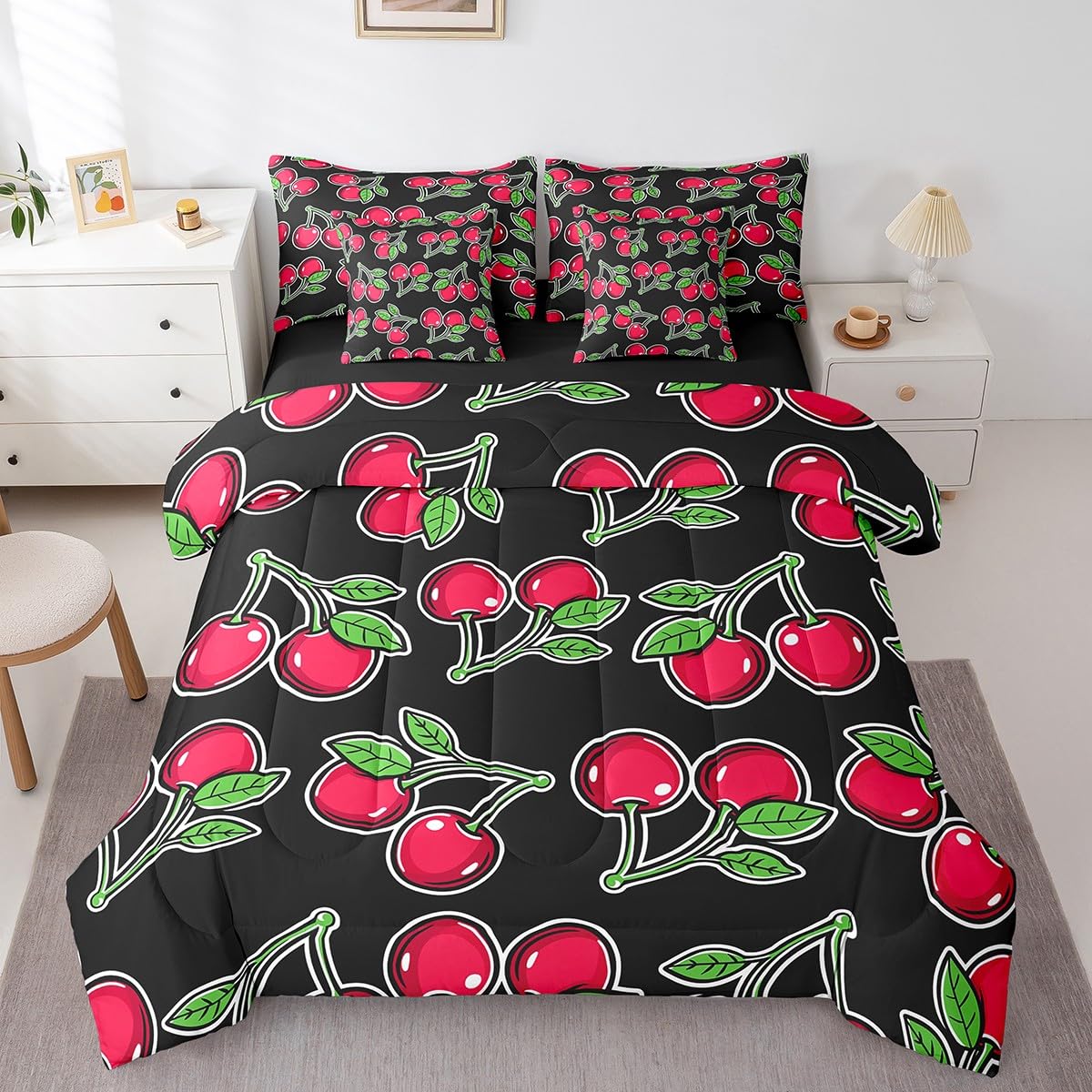 Erosebridal Cherry Comforter Set 7 Piece Bed in a Bag Twin,Kawaii Red Cherry Fruit Bedding Sets Novelty Tropical Food Comforter and Sheet Set,Botanical Leaf Green Plant Leaves Bed Set