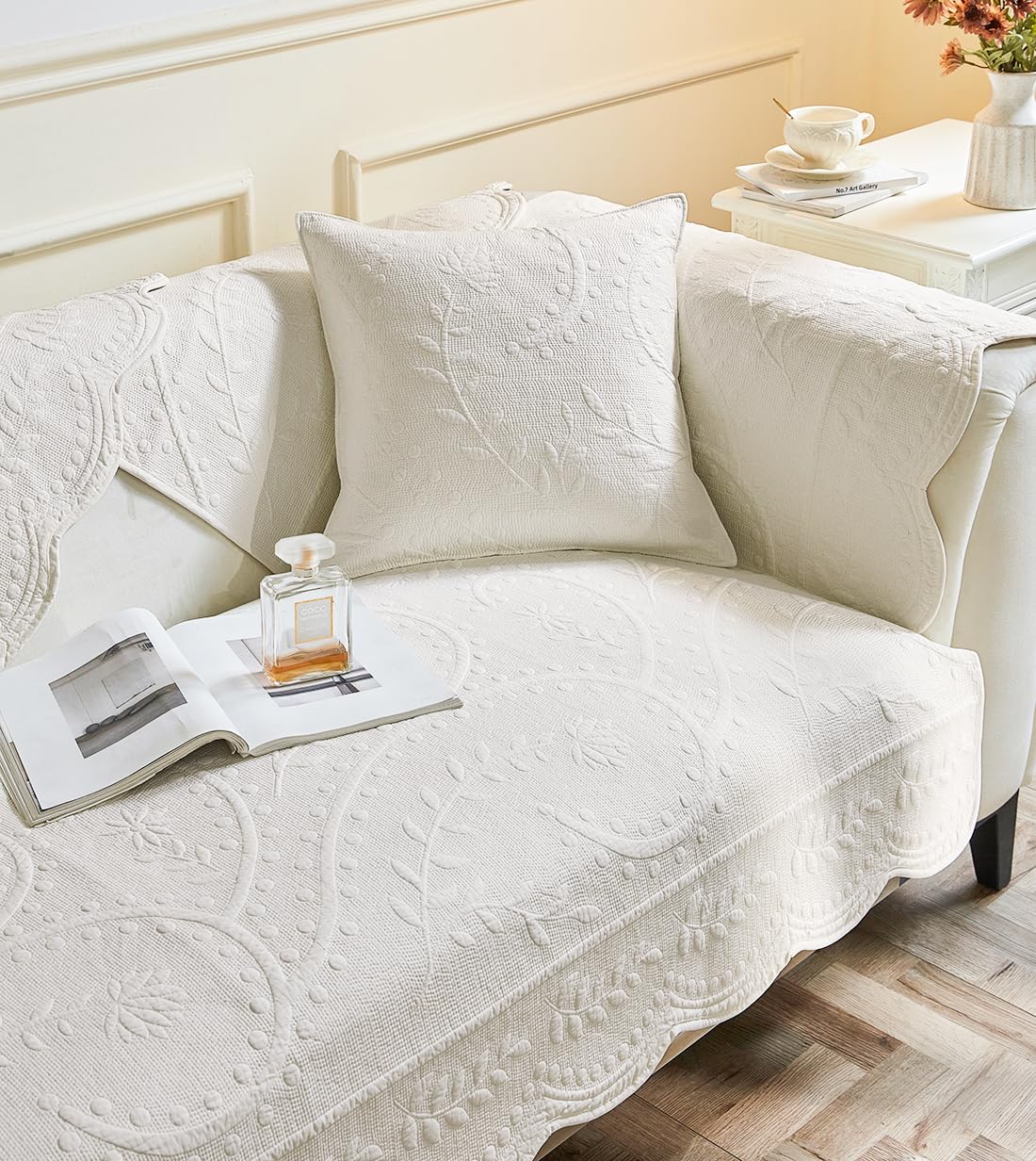 XSlive Leaf Floral Cotton Quilted Dog Couch Cover for Sofa Farmhouse Rustic Embroidered Sectional Couch Cover Soft Anti-Slip Sofa Slipcover Furniture Protector for Kids, Pets (White,28"x28")