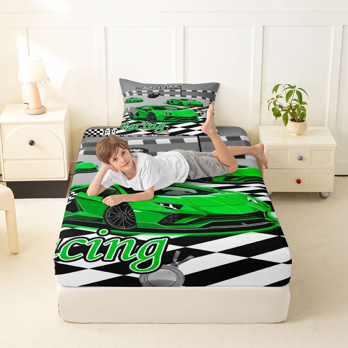 Feelyou Boys Race Car Fitted Sheet with 1 Pillowcase Twin Size Speed Sports Car Bed Sheets Set 16" Deep Pocket Boys Girls Racing Extreme Sports Bedding Teens Bedroom Decor Breathable Soft Lightweight