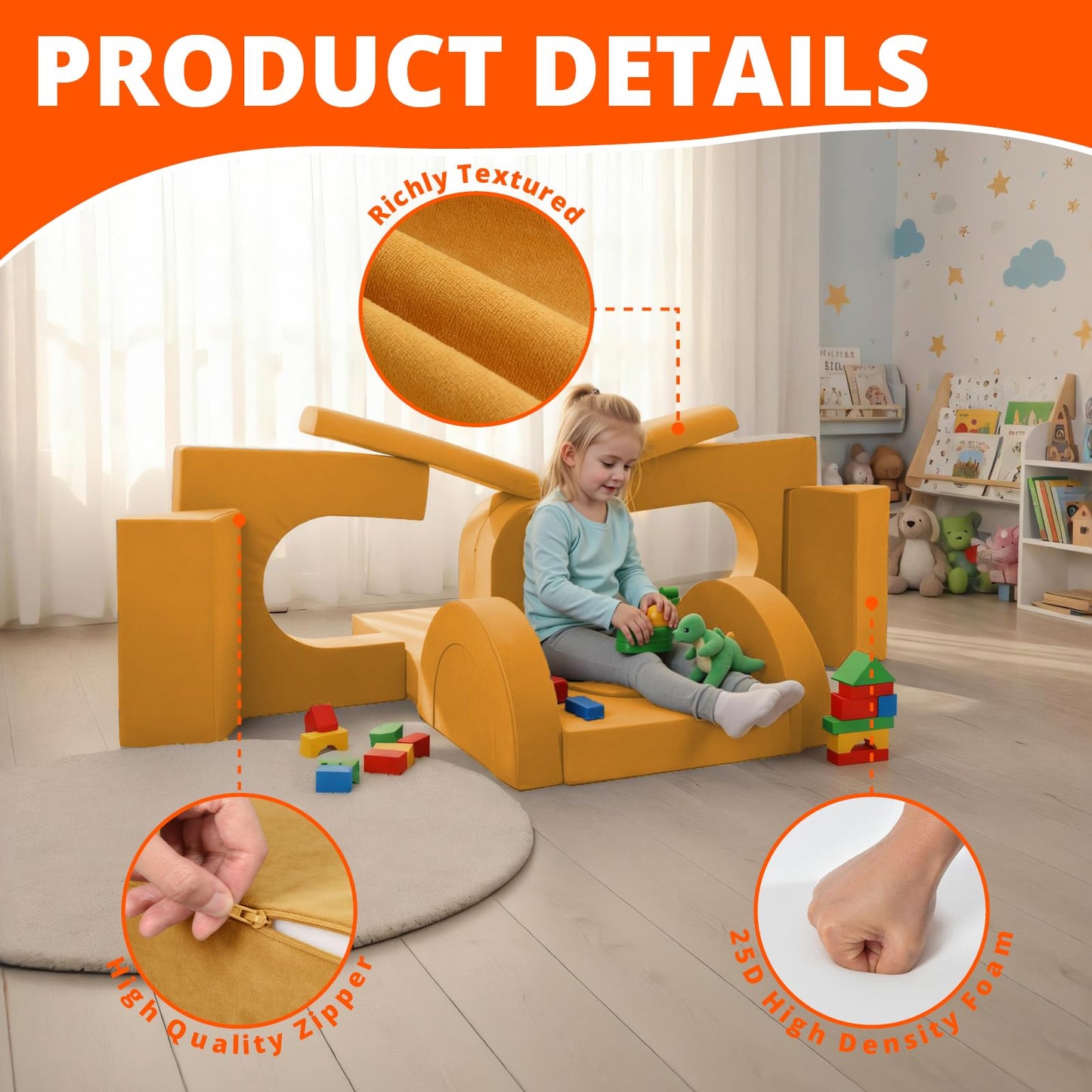 Fvkind 16pcs Modular Kids Play Couch, Creative Kids Couch for Playroom and Bedroom, Modular Toddler Sofa Building Fort, Convertible Foam Sectional Toddler Sofa for Boys and Girls, Yellow