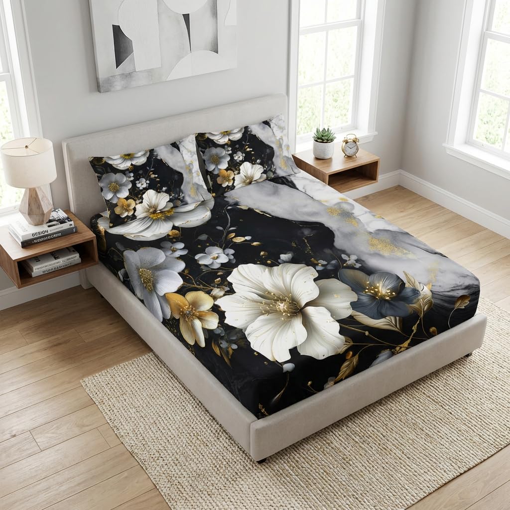 AILONEN Floral Fitted Sheet Set Queen Size, Blossom Marble Pattern Bedding Set for Kids Teens Adults,Black and White Bed Sheet Set,1 Fitted Sheet and 2 Pillowcases,3Pcs