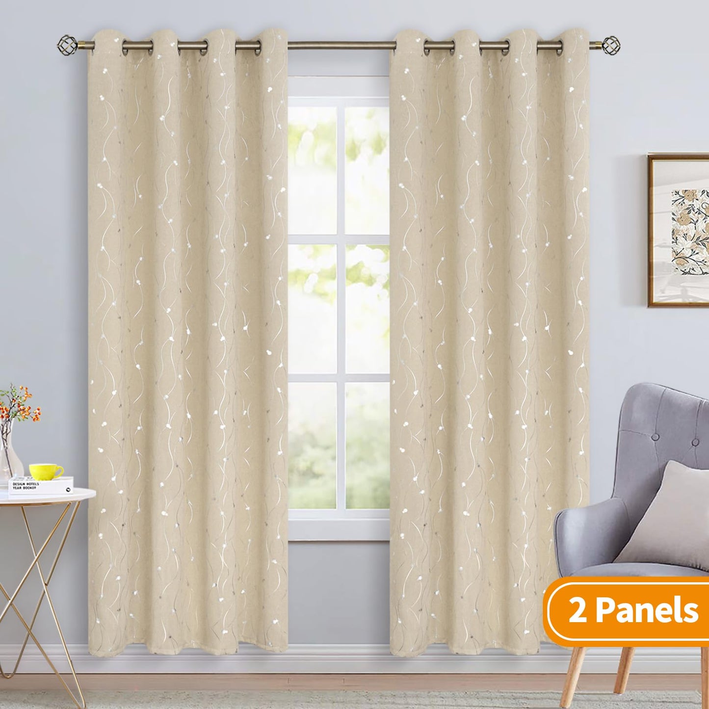 BGment Blackout Curtains 63 Inch Length 2 Panels Set, Grommet Thermal Insulated Blackout Curtains with Wave Line and Dots Printed for Bedroom, 2 Panels, Each 52 x 84 Inch, Champagne