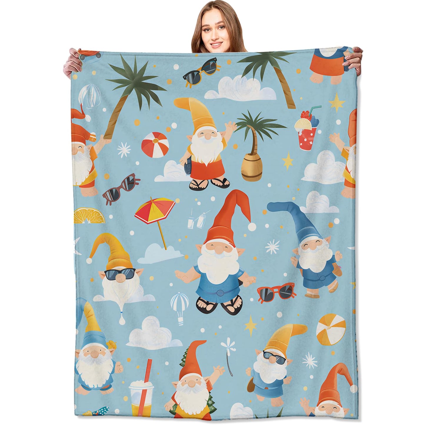VODRM Beach Summer Gnome Blanket Cheerful Gnomes with Palm Trees Throw Blankets, for Kids,Lightweight Soft Fleece Cozy for Sofa Couch Bed Room Travel Decor 50x60in