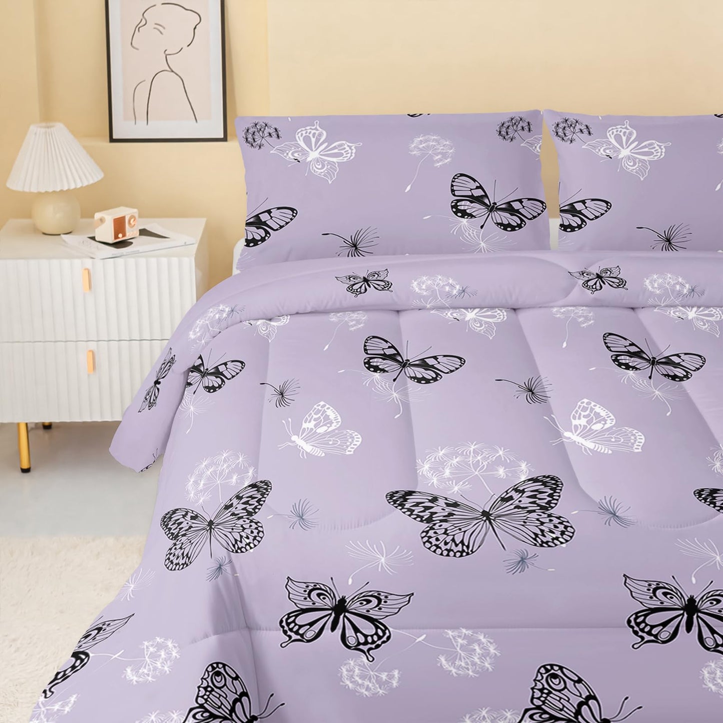 QOOMO 3Pcs Butterfly Comforter Set Twin,Purple Butterflies Bedding Set for Teens Boys Girls,Dandelion Butterflies Printed Comforter with 2 Pillowcases,Down Alternative,Soft and Lightweight