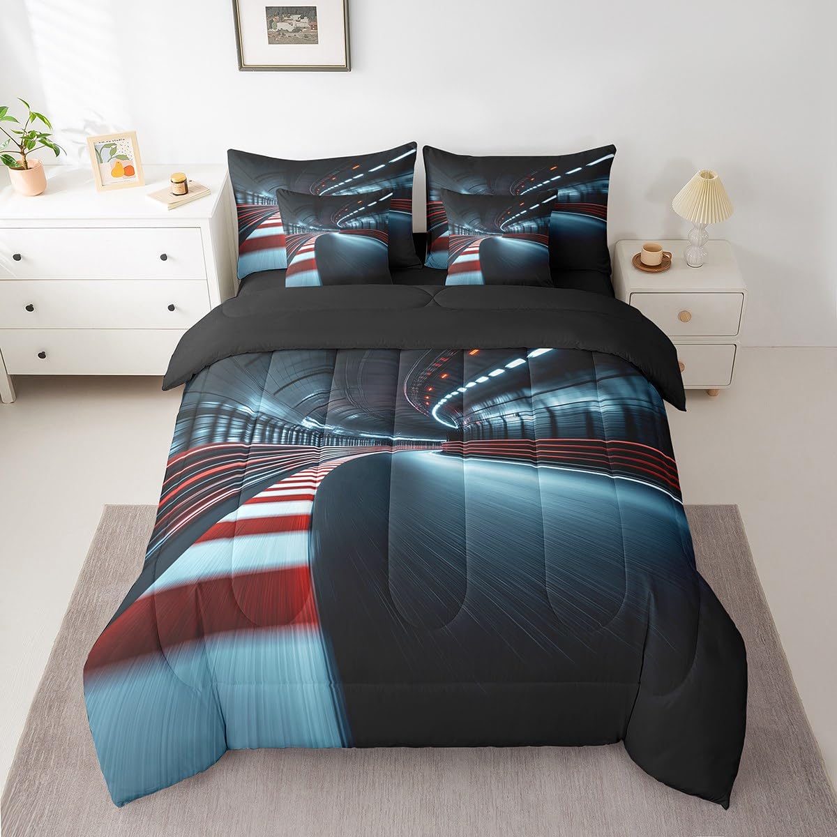 jejeloiu Speed Sports Bed Set Tunnel 7 Pieces Bedding Set for Kids Racing Track Bed in a Bag with Comforter, Sheets, Pillowcases Ultra Soft Extreme Sports All Season Breathable Lightweight Twin Size