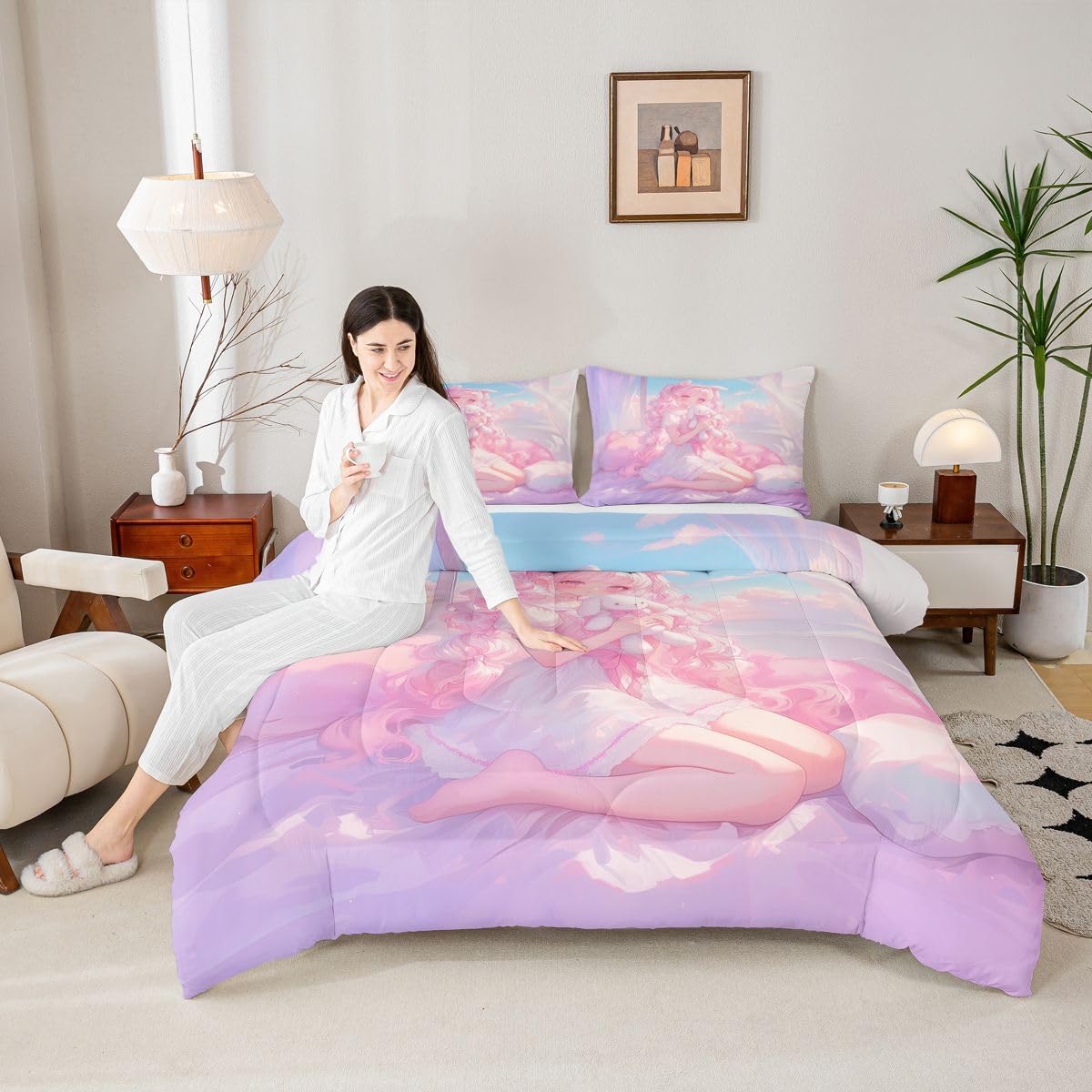 Erosebridal 3D Japanese Girl Bedding Sets Twin - Romance Style Comforter Set for Kids Adults Japanese Anime Girly Duvet Insert Anime Gifts Quilt
