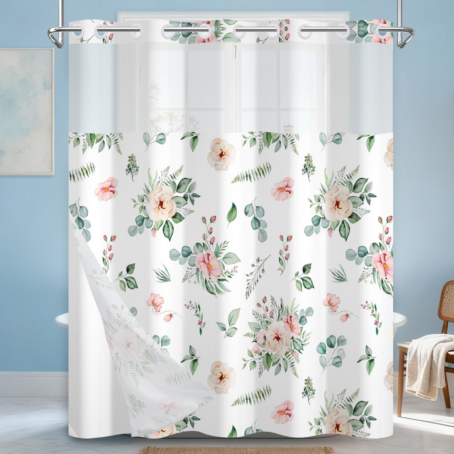 NAEMBCU No Hook Shower Curtain with Snap in Liner 71x74 Inch