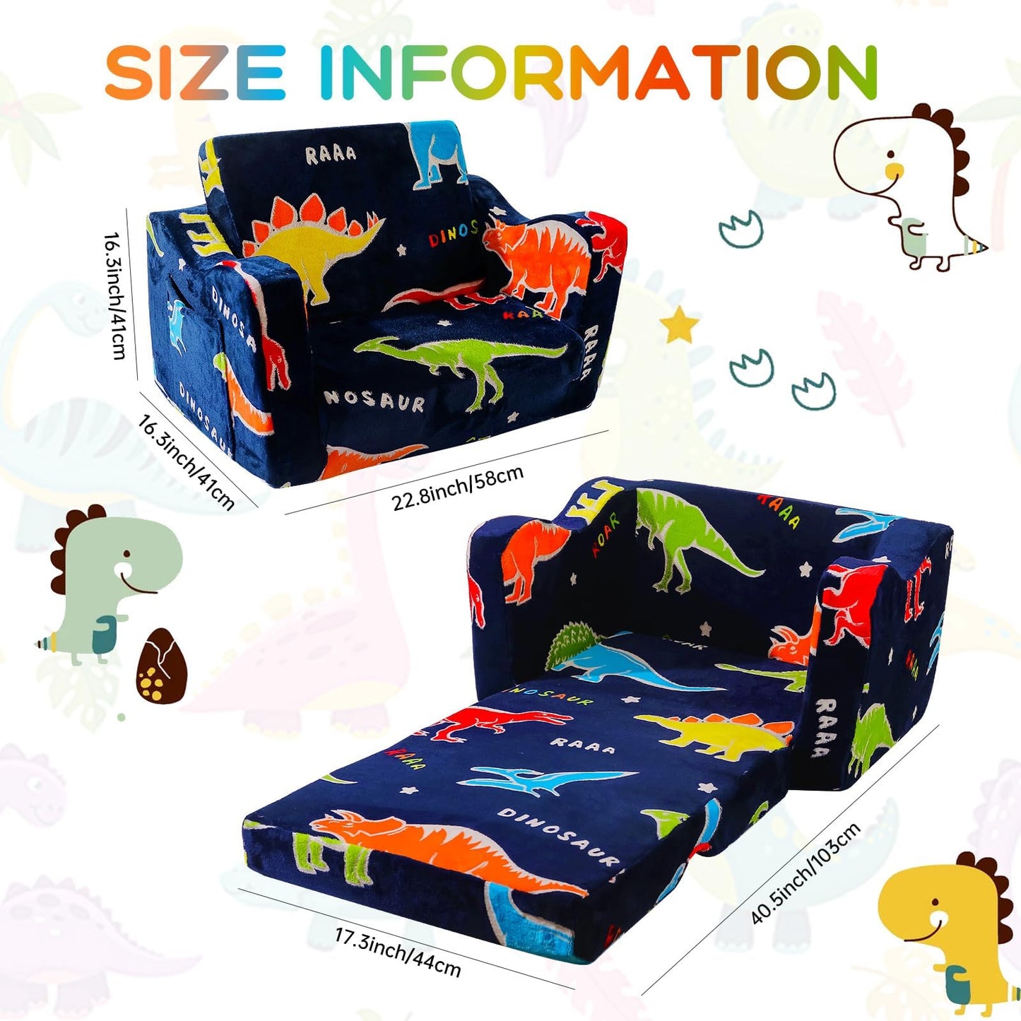 ONEKUKA Toddler Couch, Glow in the Dark Dinosaur Kids Couch, 2-in-1 Foldable Flip Open Kids Sofa Chair for Reading, Playtime and Playroom, Gift for Boys and Girls