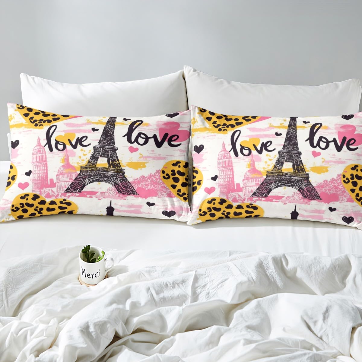 Eiffel Tower Fitted Sheet Full Size,Leopard Hearts Graffiti Bedding Set,Romantic Paris Bed Sheet 3 Pieces (No Flat Sheet),Modern Building Silhouette Deep Pocket Shee,2 Pillowcases