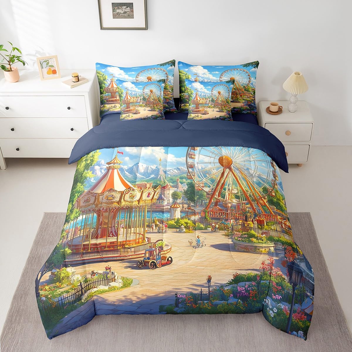 Erosebridal Ferris Wheel 7 Pcs Comforter Set Queen Size,Amusement Park Bed in a Bag with Flat Sheet and Fitted Sheet for Kids Teens Adult,Carousel Bedding Set with Pillowcase and Sham Reversible