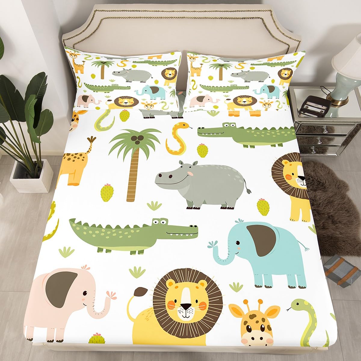 Wild Animals Bedding Set Safari Animals Print Bed Sheet Set for Boys Girls Teens Cute Hippo Crocodile Lion Fitted Sheet Kids Cartoon Elephant Giraffe Bed Cover Room Decor Full Size